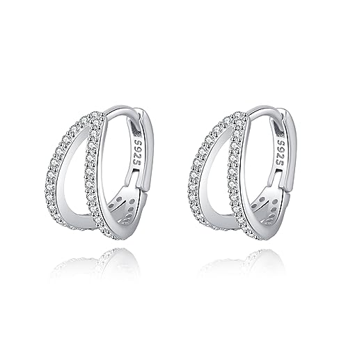 SLUYNZ Solid 925 Sterling Silver Chunky Hoop Earrings for Women Teens Shiny CZ Hoop Earrings Huggie Studs