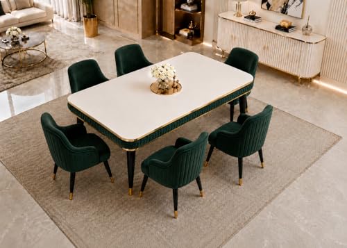 Image of WOODEN SPACE 6-Seater Wooden Dining Table Set | Nano Composite Marble Top | Solid Wood Base | Modern Dining Room Furniture with 6 Chairs (Dark Green Modern Zyro)