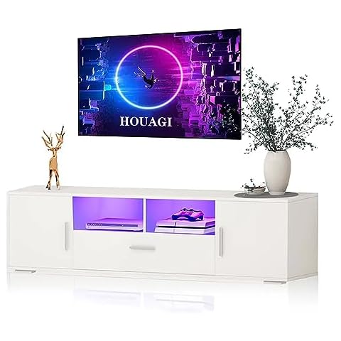 HOUAGI LED TV Stand, Modern White Entertainment Center with Drawers, Ideal TV Stands for Living Room and Bedroom, Fits TVs Up to 70 Inches,White Cover