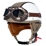 Media Casco Moto,Retro Alemán Cuero Casco Moto con Gafas,Casco Abierto con Hebilla De Liberación Rápida Ajustable,Aprobado Dot/ECE para Hombres Y Mujeres Adultos(E,S=55-56cm)