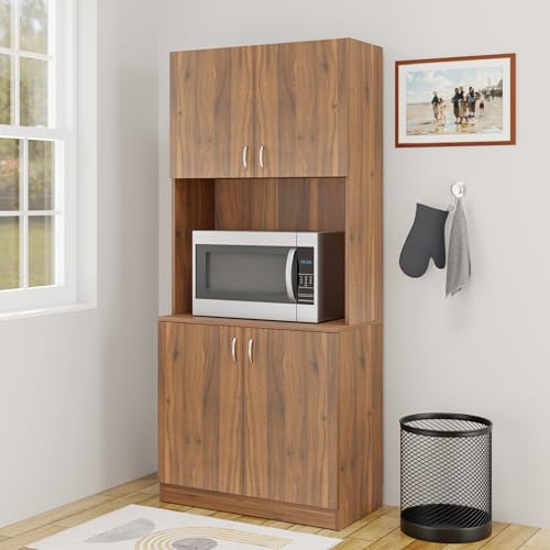Image of VIKI Furniture | Kitchen Cabinet - 5 Tier Unit with Doors & Open Shelves, Organizer for Kitchen, Bedroom, Hallway & Living Room (Brussel Walnut - 40D x 80W x 180H cm) | 1 Year Warranty