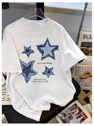 Image of RoseSeek Girl's Graphic Drop Shoulder Star Print Tee Tops Short Sleeve Crew Neck Summer Shirts