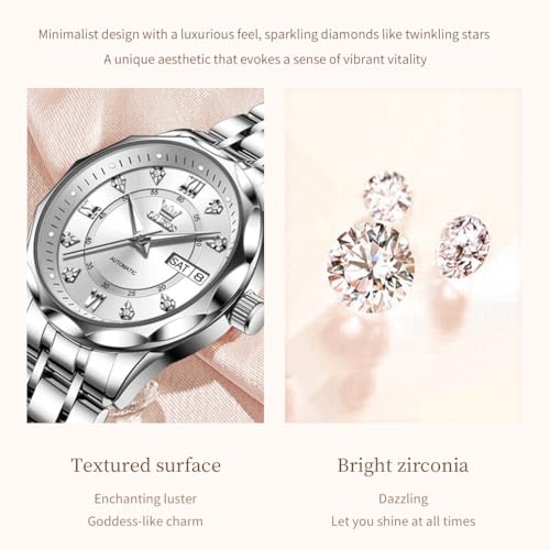 Image of OLEVS Womens Diamond Watches Automatic Mechanical Gold Luxury Dress Ladies Self Winding Original Stainless Steel Wrist Watch