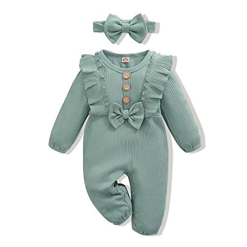 Image of nilikastta Baby Girls Clothes Newborn Infant Ruffle Long Sleeve Romper Jumpsuit(Light Green,3-6M)