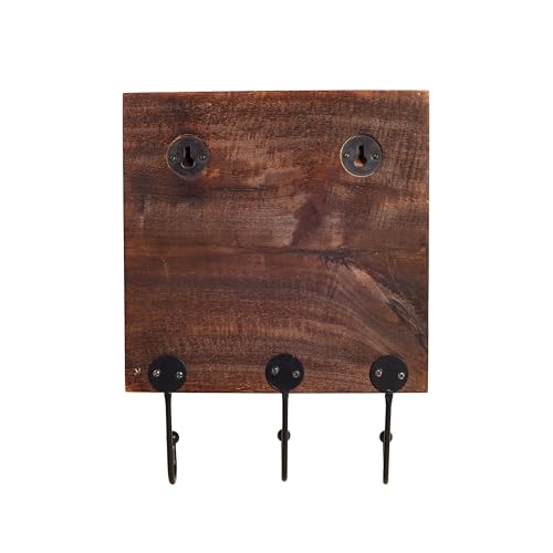 Image of AAKRITI ART CREATIONS Warli Art Wooden Towel Holder | Nira Bath Towel Hanger with Three Hooks | Handcrafted Bathroom Towel Hanger with Metal Art | Matte Finish Brown Wall Mounted Towel Holder