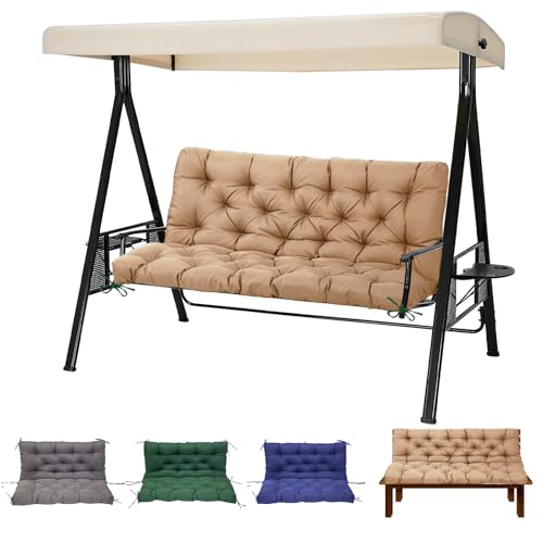 EverPine Porch Swing Cushions Outdoor Swing Cushion Replacement 2-3 Seater with Backrest Waterproof Bench Cushion with Ties for Patio Furniture 60x40in (Khaki)