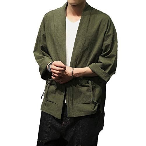 PRIJOUHE Men's Kimono Jackets Cardigan Casual Cotton Blends Linen Seven Sleeve Open Front Embroidery Coat4