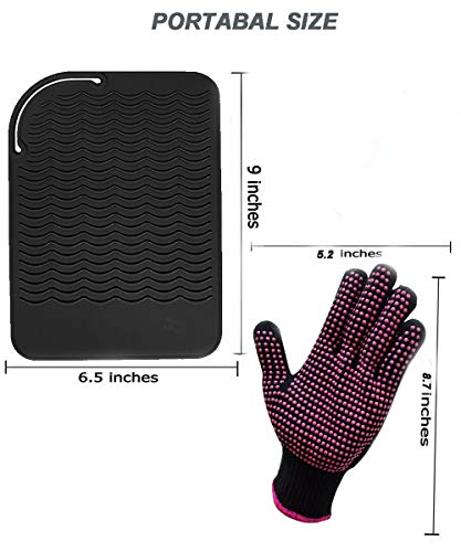 Image of Heat Resistant Silicone Glove and Mat Set for Curling Iron, Hair Straightener, Flat Irons - 9 inch x 6.5 inch Food Grade Silicone Mat, Black