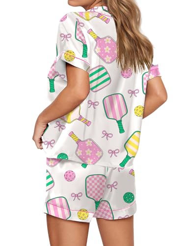 Image of SHESHOW Pajamas for Women Set Satin Button Down Short Sleeve Top and Shorts Pjs Sets Sport Ball Print Sleepwear XS-XXL
