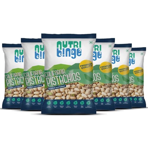 Image of NUTRI BINGE Pistachios (Pista 100 Grams) - Pack of 6, Premium California Roasted and Salted Pista Dry Fruits, Fresh Nutrient Rich Vegan Healthy Snacks