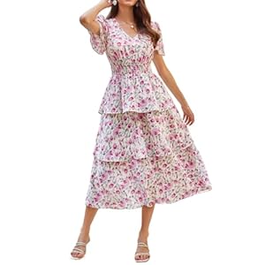 GRACE KARIN 2024 Damen Sommer V-Ausschnitt Kurzarm Blumenkleid Casual Strand Maxi Kleid Elegant A-Linie Freizeitkleid Urlaubskleid Hochzeit