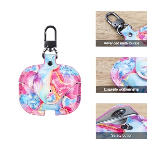 Image of Genuine Leather Case Compatible with AirPods Pro 3rd Gen (2025), VOMA Protective Cover for Apple AirPods Pro 3 Wireless Charging Case with Keychain and Snap Lock Colorful Marble