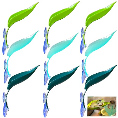 9-Pack Plastic Leaf Decor Decorations with Suction Cups, Reptile Basking Platform for Terrarium Frog Tank, Habitat Climbing Resting Area for Tree Frogs, African Dwarf Frogs, Toads, Turtles and Lizards