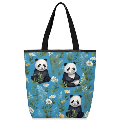 Mularoka Pandas Flowers Watercolor Canvas Tote Bag with Zipper and Pockets Canvas Tote Shopping Bag Women Reusable Grocery Bag for Beach Travel Gym Shopping