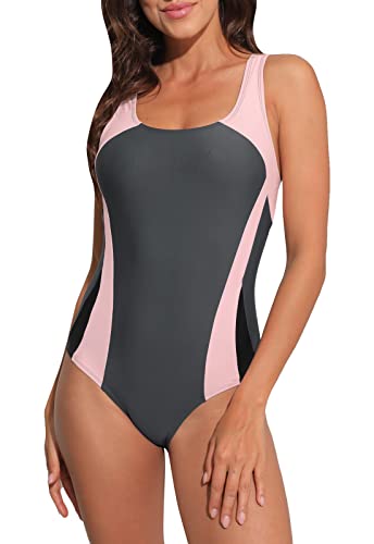 Halcurt Maillot de bain une pièce pour femme - Dos nageur push up - Coupe ajustée, Gris/rose 1, XL Cover