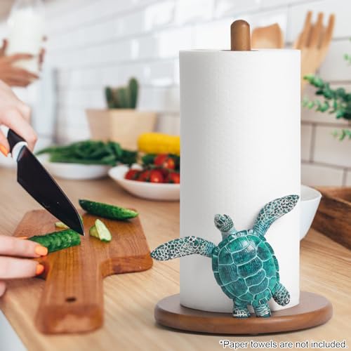 Turtle Paper Towel Holder - Coastal Decor for Home Ocean Decor Beach House Beachy Themed, Sea Turtle Gifts for Women, Cute Decorative Paper Towel Holder Stand Countertop Kitchen Nautical Teal Wood - Image 8