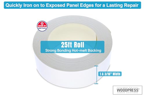 Image of WoodPress 1 & 3 /16 inch Matt White Melamine Edge Banding, Pre-Glued Veneer Tape - 25 ft Roll - Iron-On for Easy DIY Application - Will Cover The Edge of a Standard 8' x 4' MDF Panel