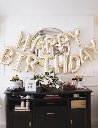Image of Champagne Gold Happy Birthday Balloon Banner, 16-Inch Foil Letter Balloons, Elegant Birthday Decorations for Women Girls, Adult Birthday Party Photo Backdrop