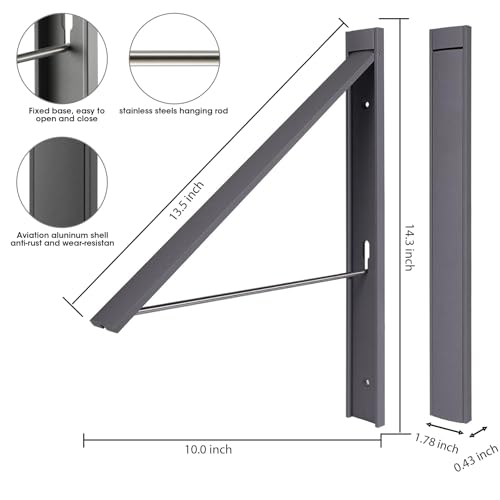 RELONGGI Foldable Coat Hangers, Wall Hanger Wall Mounted Retractable Drying Rack, 0.43'' 1.1CM Thickness Space Saving Laundry Racks and Closet Organizer, Aluminum (Black) - Image 2