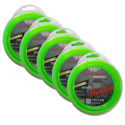 Avalon - Pack 5 Hilos Redondo de Nylon Universal para Desbrozadora y Cortacésped (2 mm x 15 m) - Alta Durabilidad y Rendimiento Óptimo en Las tareas de desbroce
