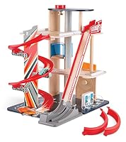 Hape Gearhead Stunt Garage Playset | 3-Level Wooden Parking Garage with Spiral Ramp, Loop Track & Elevator | Toy Cars Included | Fun Racing & Stunt Play for Kids | Ages 3+