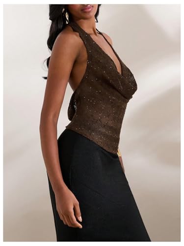 MakeMeChic Women's Sparkly Sequin Tops Cowl Neck Halter Top Crochet Blackless Rave Going Out Tops3