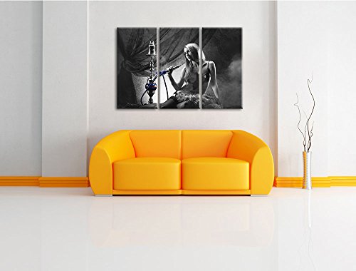 Frau mit Shisha schwarz/weiß auf 3-Teiler Leinwandbild 120x80 Bild auf Leinwand, XXL riesige Bilder fertig gerahmt mit… – Bild 3