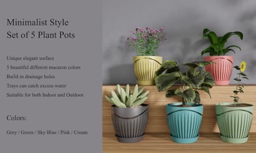 Image of ELUVIA Plastic Plant Pots with Drainage Holes and Trays - Set of 5 (6 Inch) - Minimalist Decorative Indoor Flower Pots for Living Room, Balcony & Office Garden (Multi-Color)