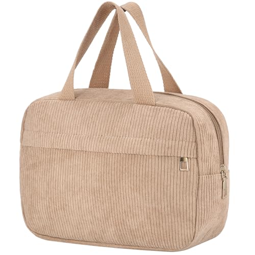 Huiguli Trousse de Toilette en Velours Côtelé, Trousse de Maquillage Femme avec Poignée, Cosmétiques à Glissière Portable pour Femme Fille, Sac Cosmétique de Voyage Kaki