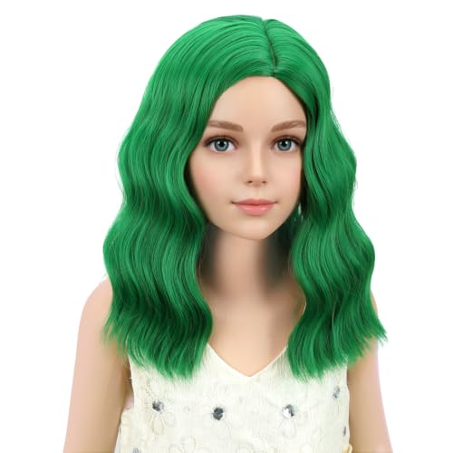 Image of PATTNIUM Kids Child Green Wig Short Curly Wavy Wig for Girls Dark Green Wigs Synthetic Hair Wigs