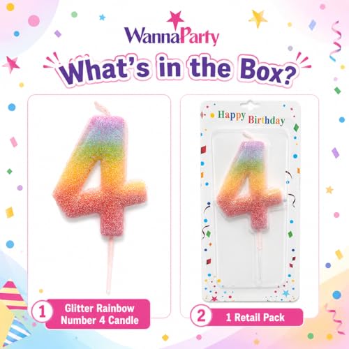 Image of Wanna Party Glitter Colorful 4th Birthday Candle, Number 4 Cake Candle Cake Toppers for Girl Women, Glitter Colorful Themed Party Decorations Supplies Birthday Gifts