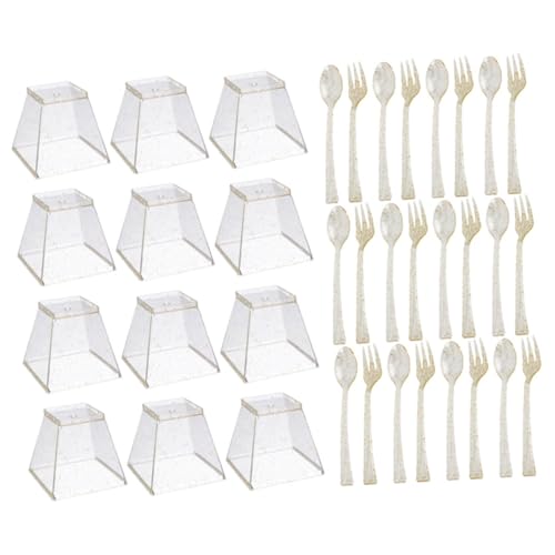HOMOBABE 使い捨てゴールドグリッター甜品カップ フォークスプーン付き プラスチック製 小容量 パーティー用使いやすいカトラリーキット 誕