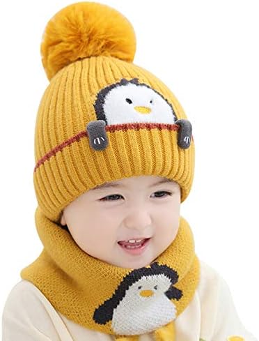 Toddler Winter Beanie Hat Scraf Set, Cute Cartoon Penguin Knitted Hats Soft Warm Infant Hat with Pompom for Baby Boys and Girls 1-3 Years (Yellow)
