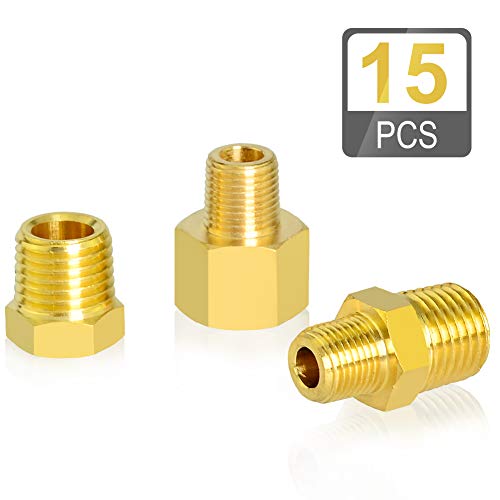 Gasher 15PCS Brass Pipe Fitting, Hex Bushing, Reducer Adapter, Reducing Hex Nipple 1/2 Inch NPT x 3/8 Inch NPT