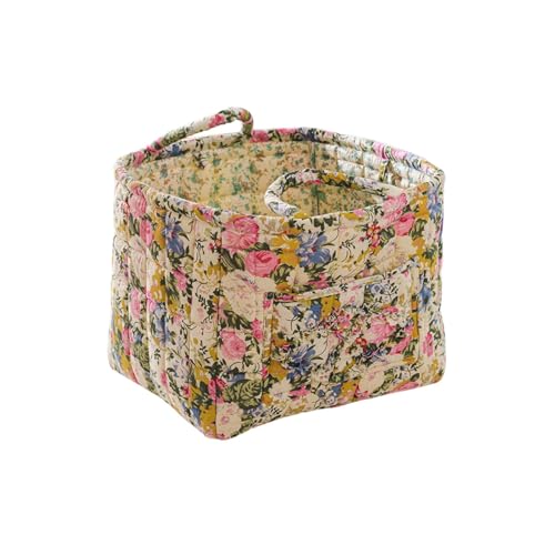 Image of Quilted Fabric Storage Basket with Handles – Boho Foldable Floral Organizer Bin for Home, Picnic, Shopping, Travel 13"x11"x10" (Blush Bloom)