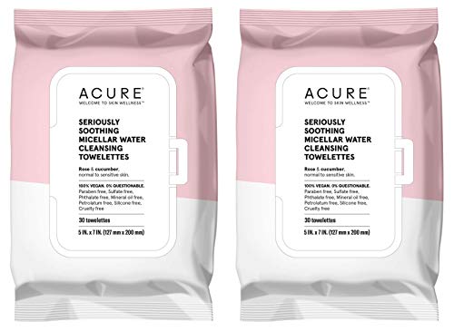 Acure Seriously Soothing Micellar Water Towelettes with Rose and Cucumber, 30 Towelettes,