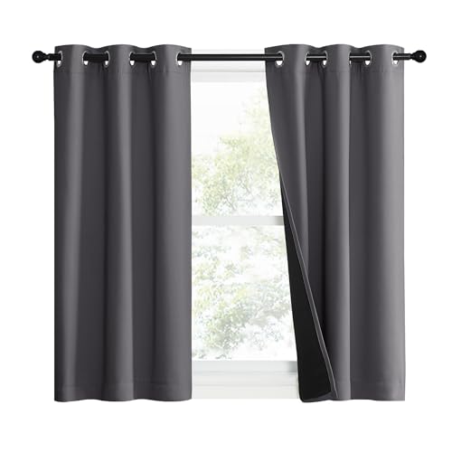 Image of NICETOWN 100% Blackout Short Curtains with Black Liners, 2 Panels, 37 inch W by 40 inch L, Grey, Solid Thermal Insulated Full Blackout 2-Layer Lined Drapes, Energy Efficiency Window Draperies for Bedroom