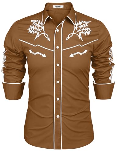 COOFANDY Men's Western Cowboy Shirt Long Sleeve Embroidered Shirt Slim Fit Cotton Casual Button Down Shirt