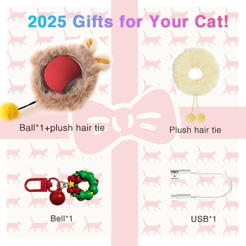Package contents including the cat toy ball, USB cable, bell, and plush accessories