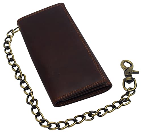 Bikers RFID safe Cow Leather Crazy Horse Brown Long Checkbook Trifold Chain Wallet for Men Vintage Texture style3