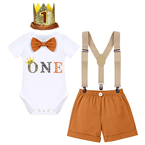 Cake Smash Outfit Boy First Birthday Baby Wild One Jungle Safari Theme Romper+Shorts+Y-back Suspenders+Headband 4PCS Clothes Baptism Wedding Party Gentleman Formal Suit Photo Props Brown 1T