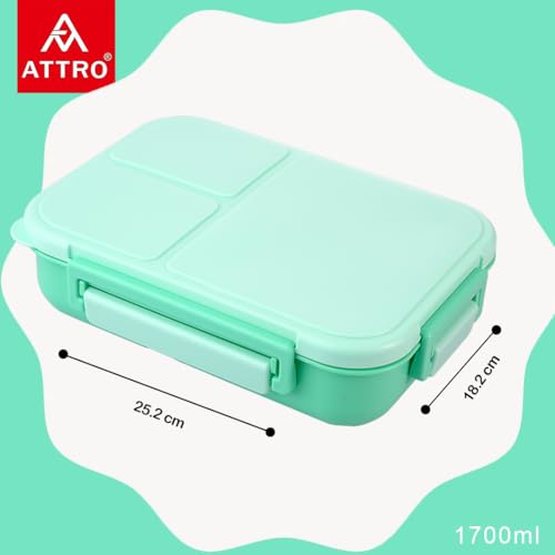 Image of ATTRO Gourmet 3 Compartment Lunch Box Portable Meal Organizer for Office, School BPA-Free, Food Grade Freezersafe, Microwave & Oven Safe 1700ml Mint Green, Plastic