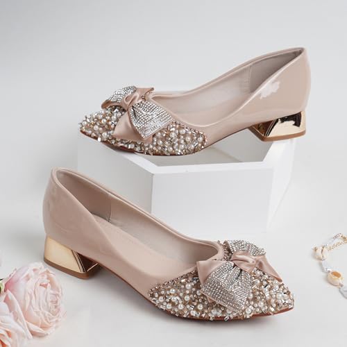 Image of Women's Pumps, Closed Toe Chunky Heels for Women Pointed Toe Rhinestones Bridal Party Dressy Shoes Comfortable Work Pumps Shoes for Office