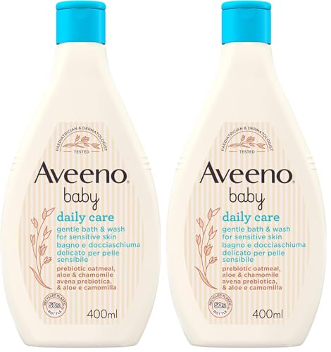 Aveeno Baby Daily Care Bagno e Docciaschiuma Delicato, Bagnoschiuma bambini per una detersione profonda della pelle sensibile, Bagnoschiuma neonato con Avena per il bagnetto, 400 ml (Confezione da 2)