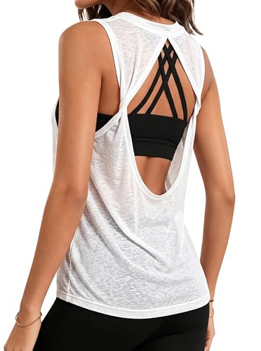 Hilinker Womens Open Back Workout Tank Tops Sheer Mesh Sleeveless Athletic Gym Shirts White Small