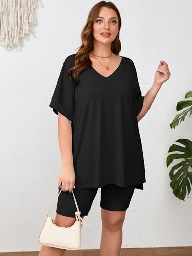 Image of AusLook Women's Plus Size 2 Piece Short Outfits Set Short Sleeve Tops and Shorts Pants Lounge Jogging outfits Matching Set