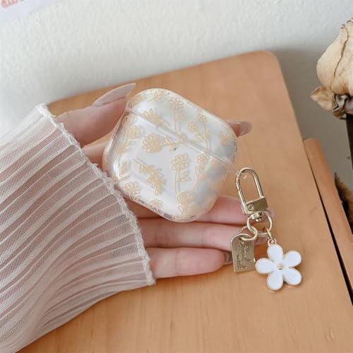 Image of MINSCOSE Compatible with AirPods 4 Clear Case,Cute Flower Floral Aesthetic Design with Flowers Keychain, Soft TPU Protective Shockproof Case for Women Girl for Airpods 4-Yellow