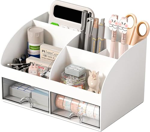 Kienlix Multifunctional Desk Organiser with 6 Compartments & 2 Drawer Desktop Office Supplies Stationery Storage Box for Pens Staplers Clips Sticky Notes Mobile Holder (White) Deal