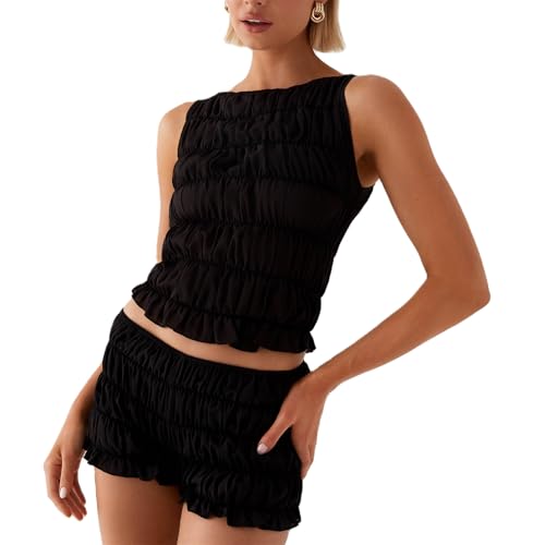 Miqil Women Y2k 2 Piece Smocked Loungwear Cute Sleeveless Tiered Ruched Tank Top Low Rise Shorts Set Fairycore Going Out Set