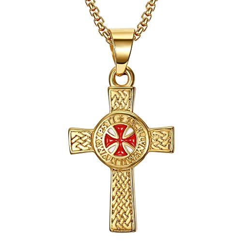 BOBIJOO Jewelry - Pendentif Collier Devise Templier Croix Latine Pattée Rouge Patriote Acier Or Doré Plaqué Chaîne